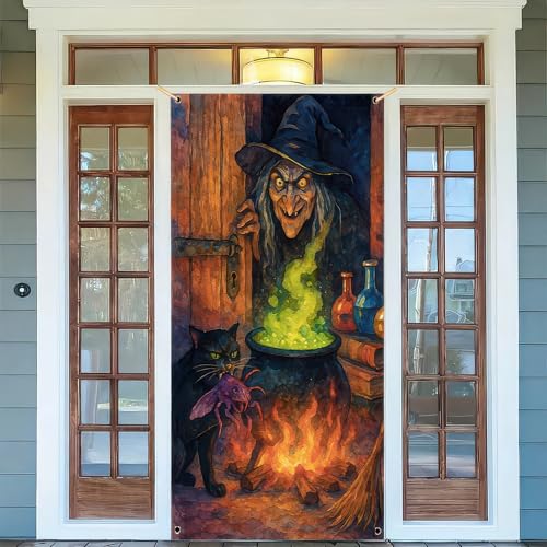 Image of BlissYard Halloween Dark Black Green Door Cover 35x71 Inch Polyester | Entry Banner, Wall Backdrop | Dark Black Door Decor, Party Scene | Porch, Hallway, Photo Area (Haunted House)