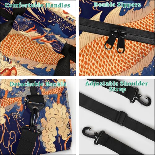 Chinese Dragon Gym Travel Duffle Bag for Boys - Gymnastics Sports Dance Bag with Front Zipper Pocket for School Practice or Overnight Travel Weekender Sleepover Tote Bag Orange Dragon4