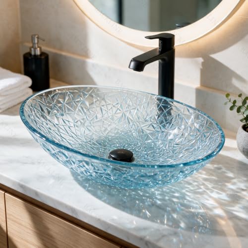 Image of B Backline Glass Basin For Bathroom | 100% Pure Glass Basin | Premium Tabletop Countertop Wash Basin For Bathroom | 7-Year Warranty (Blue Water)(20 x 14 x 6 Inch)
