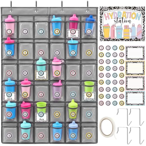 Eaasty Classroom Water Bottle Storage Organizer with 36 Clear Pockets Over the Door Hanging Organizer Holder with Hooks Hydration Station Sign Number Stickers Name Tags for Classroom School Cup