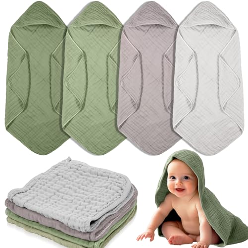 Image of VitalCozy 8 Pcs Baby Muslin Hooded Bath Towels and Washcloths, Muslin Hooded Baby Towels Absorbent Blankets for Gift Newborn Infant Shower (Morandi Color)