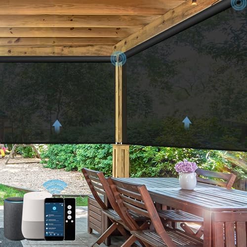 WEFFORT Motorized Outdoor Roller Shades,Patio Roll Up Blind Work with Alexa,Google Home,Apple Homekit,Remote Control Sun Shade,Waterproof &Windproof Smart Blinds for Porch,Sirus Black, 5% Openness