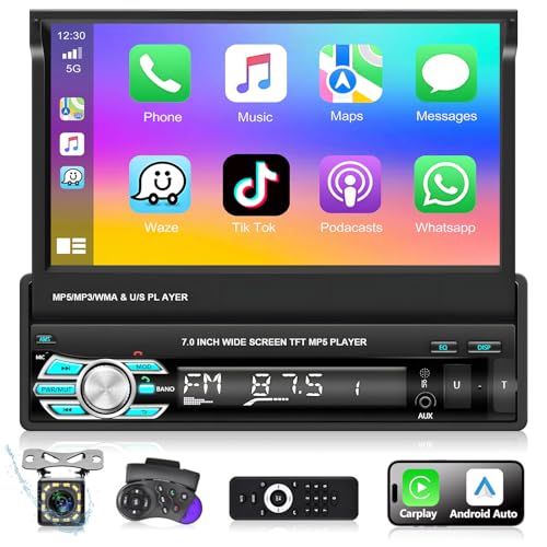 Podofo Radio de Coche 1 Din con Apple Carplay y Android Auto,Pantalla Táctil Retráctil de Radio MP5 de 7 Pulgadas para Automóviles con Bluetooth, FM,AUX,USB,SWC,Enlace Espejo + AHD Cámara de Retroceso