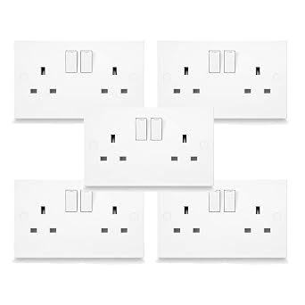 SHP Electrical  13A Two Gang Double Square Edge Wall Outlet White 13A 2 Gang Switched Socket Wall Plug Outlet