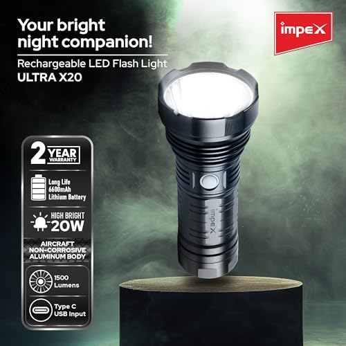 Image of Impex Rechargeable Torch Flashlight Ultra X20 | Ultra Bright LED Light 20 Watts and 6600 MAh Battery for trecking, Hunting, Camping | C Type Charger | 2 Year Warranty