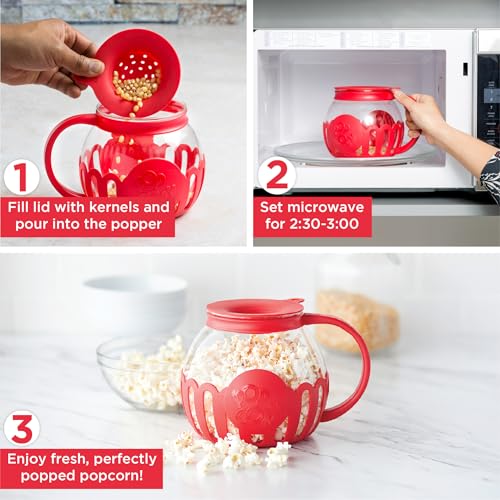 Image of Ecolution Patented Micro-Pop Microwave Popcorn Popper with Temperature Safe Glass, 3-in-1 Lid Measures Kernels and Melts Butter, Made Without BPA, Dishwasher Safe, 1.5-Quart, Red (Pack of 4)