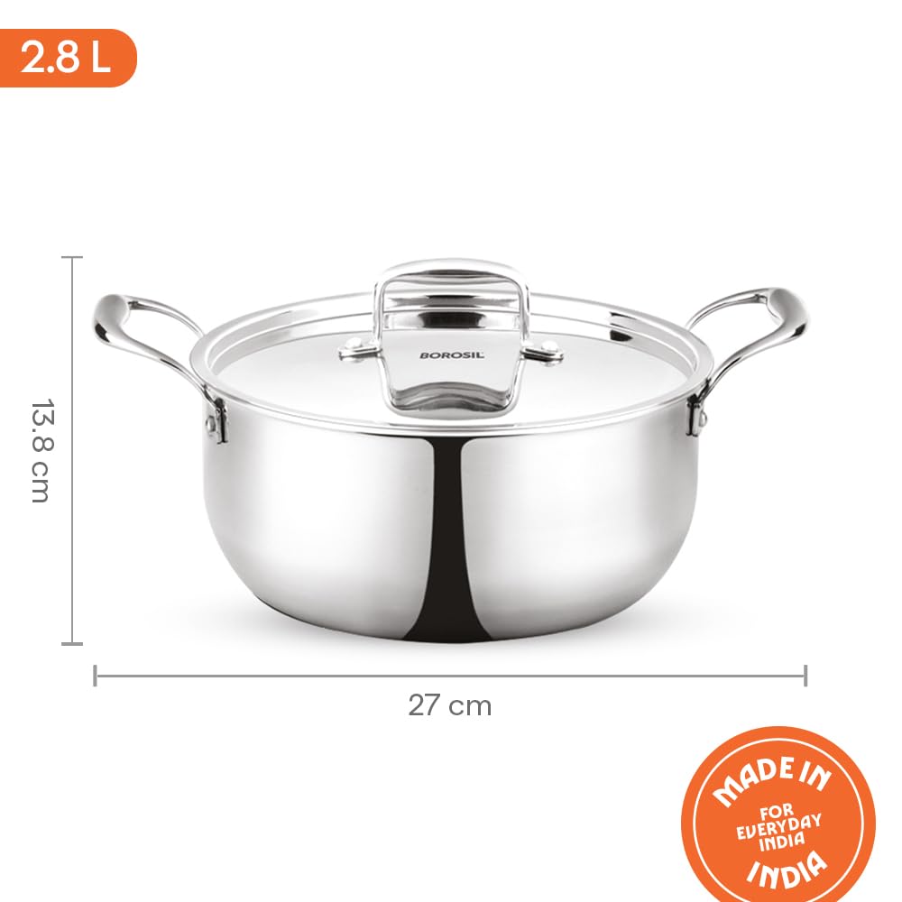 Borosil Cookfresh Tri-ply Casserole Steel Handle | SS304 Food Grade Steel, Dishwasher Safe | Compatible for Gas, Induction, Hot Plate, Halogen | 5 Years Warranty (2.8 L) 1