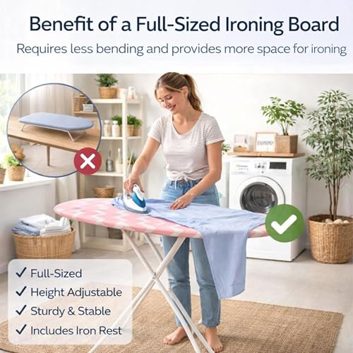 Image of JIALTO Vertical Ironing Board with 16 mm Metal Bracket, Adjustable Height Stand, Pure Cotton Cloth Cover, Foldable Iron Board for Home (Pink, A0-1 - 111 L X 30 W CM)