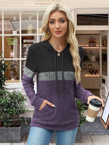 MixShe Women’s Color Block Knit Hoodie – Casual Long Sleeve Pullover Sweater Tops with Pocket
