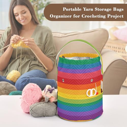 Image of ElliTarr Crochet Bag Yarn Bag with Handle Portable Knitting Project Bag Travel Yarn Storage Organizer Holder Case Rainbow Color Stripes