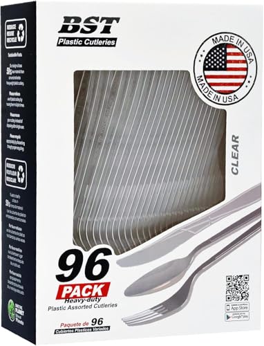 BST Plastic Cutlery Hygienically-packed Clear Plastic Cutlery Set - 96 Pieces - Assorted Flatware, 7 Inch Forks, Spoons, Knives, Disposable Party Tableware, Large - MADE IN USA!
