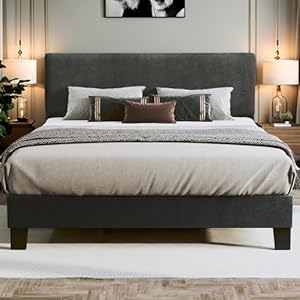 Fluest King Bed Frame with Adjustable Headboard Upholstered Bed Frame Platform Linen Fabric Headboard Wooden Slats Support/No Box Spring Needed/Easy Assembly/Mattress Foundation, Grey