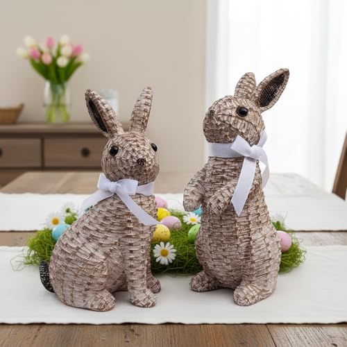 SafeSir Rattan Effect Resin Easter Bunny Figurines Decor 2 PCS Wicker Looking Rabbit Decorations with Bow for Spring Table Centerpieces Indoor Farmhouse Home Decor(Small Rattan)