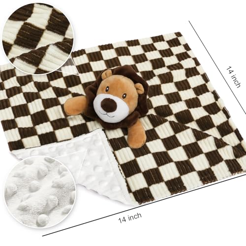 Image of Baby Security Blanket Lovey Lion Blanket for Boys Girls 14 Inch | Super Soft Checkerboard Gingham with Minky Dot Fabric Backing Stuffed Animal Lovely Snuggle Toy Shower Gift Brown
