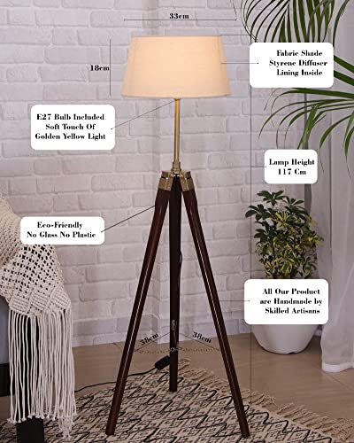 Image of Homesake Tripod Floor Lamp with Shade Wooden, Brass Finish Industrial Nautical Marine Decorative Lamp (Beige)