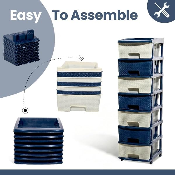 Image of Plastic Modular Drawer Storage Chest Of Drawers Organizer Storage Box, Large Stomo Racks For Multipurpose Anti-slip Shoes Organizers (White & Blue, 7 Layer)