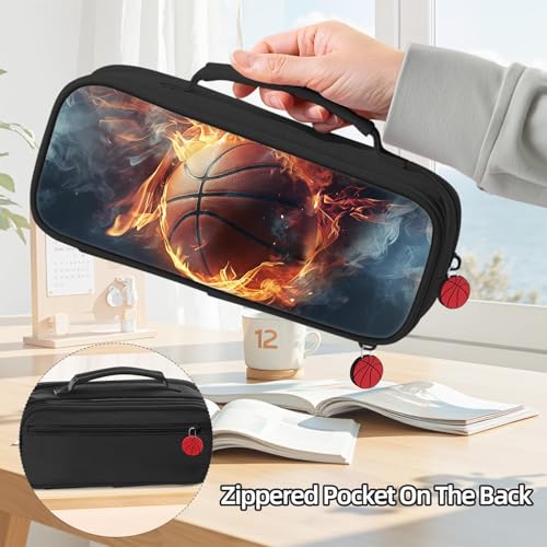 Image of Basketball Pencil Case for Boys - Large Pencil Pouch for Boys with Zipper Compartments & Handle - Big Capacity Pen Organizer Box Bag for Kids Teens School Supplies