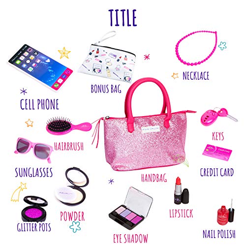 PixieCrush Deluxe Pink Sparkle Pretend Play Kid Purse Set for Girls with Handbag, Pretend Smart Phone, Keys with Remote, Pretend Makeup, Lipstick – Interactive & Educational Toy