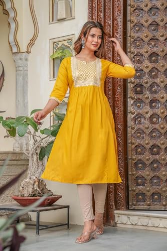 Image of Juniper Mustard Viscose Embroidered Kurta with Thread Work and Sequins