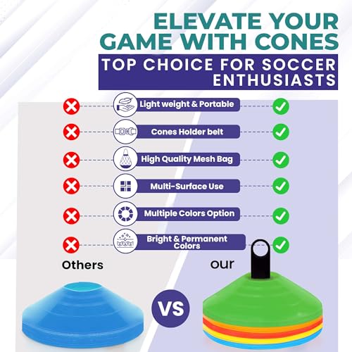 soccer cones 1005025 pack with carry bag amp holder five colors  agility disc cones set for training  sports practice equipment for soccer football basketball coaching amp speed