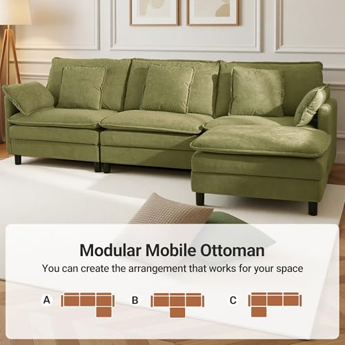 Image of Claiks 110 inch Modular Sectional Sofa, Cloud Couch with Ottoman, L-Shaped 4-Seater Sofa in Chenille Fabric, Deep Seat Comfy Couch with Pillows for Living Room & Offices, Green