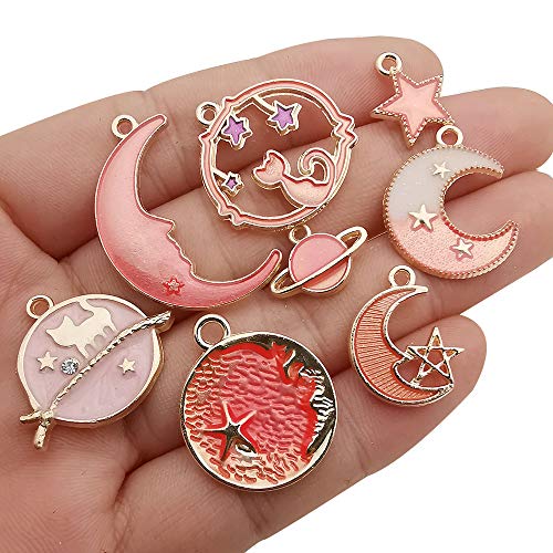 24 Pcs Assorted Gold Plated Enamel Cat Moon Star Celestial Charm Pendant DIY for Earrings Necklace Bracelet Jewelry Making and Crafting (M609-Pink)