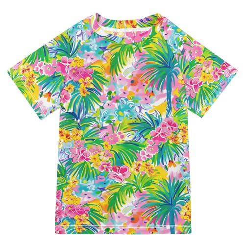ALAZA Boys Rash Guard Swimming Shirt for Boys Short Sleeve Plumeria Flowers UPF 50+ 5-6T