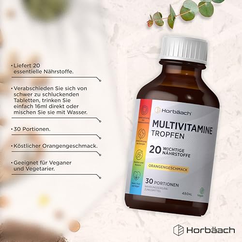 Multivitamin Komplex Tropfen | 480ml | Vegan | 20 essentielle Nährstoffe | Hochdosiert Vitamin | 30 Portionen | Orangengeschmack | Horbaach