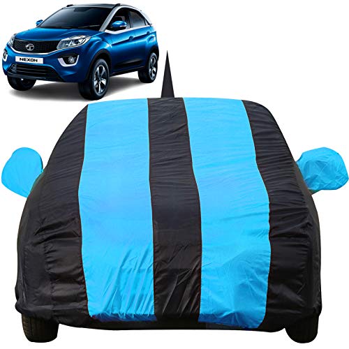 Image of Autofact Car Body Cover for Tata Nexon with Mirror and Antenna Pocket (Light Weight, Triple Stitched, Heavy Buckle, Bottom Fully Elastic, Teak Blue Stripes with Navy Blue Color)