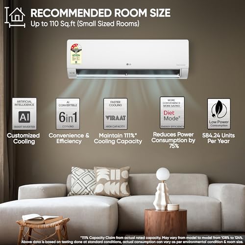 Image of LG 1 Ton 3 Star, New star rated, Smart Inverter Split AC (Copper, AI Convertible 6-in-1 Cooling, Faster Cooling & Energy Saving,HD Filter with Anti-Virus Protection, Him Clean, AS-Q12CNXE, White)