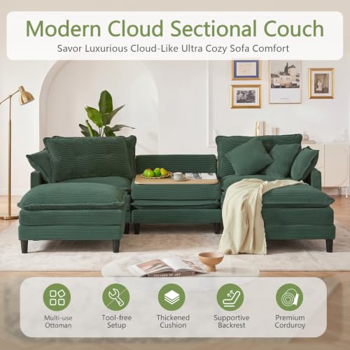 107.3'' Oversized Cloud Couch U Shaped Modular Sectional Sofa, Premier Comfy Corduroy Couch with Ottoman, Modern 3 Deep Seat Sectional Couches for Living Room, Solid Wood Frame&Spring,Tool-Free Green - Image 5