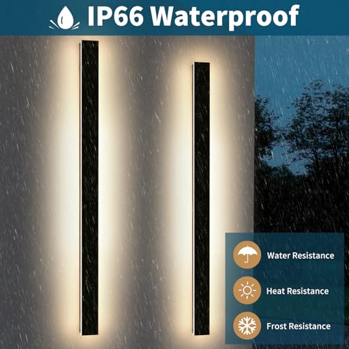 Image of 2 Pack Modern Outdoor Wall Light, 3000K Warm White 71inch LED Wall Sconce, IP65 Waterproof Exterior Lighting, Black Aluminium Minimalist Long Wall Lamp for Patio, Garage, Yard