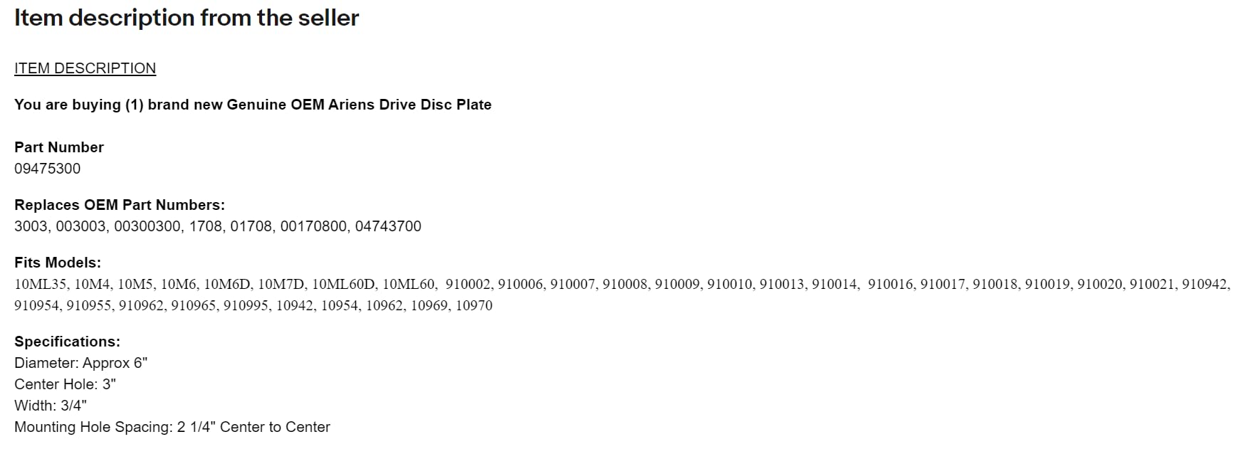 Genuine Original 3003 1708 001708 09475300 Drive Disc Plate Lawn and Snow,Replacement for OEM