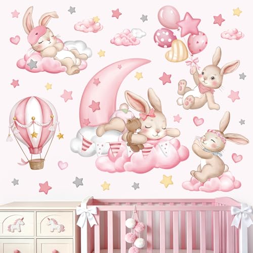 wondever Stickers Muraux Lapin Rose Chambre Fille Autocollants Muraux Mural Stickers Animaux Endormis Nuage Etoile pour Chambre Enfants Fille Bébé Pépinière