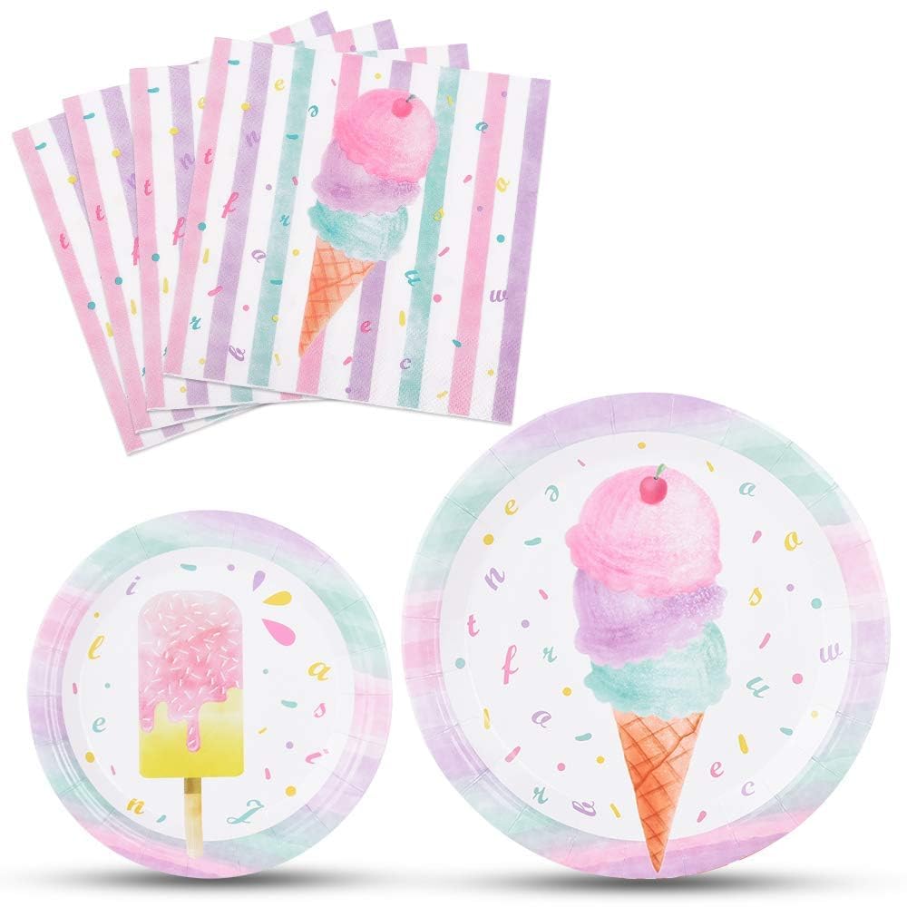 WERNNSAI Ice Cream Plates and Napkins - Ice Cream and Popsicle Theme Party Supplies for Girls Birthday Disposable Tableware Dessert Plates Luncheon Napkins Serves 16 Guests 48PCS The Forest Stewardship Council