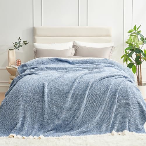 Image of Snuggle Sac Queen Size Bed Blanket Heather Blue, Reversible Super Soft Microfiber Blankets Warm Cozy Knit Fuzzy Plush Bed Blankets, Blue, Queen 90x90