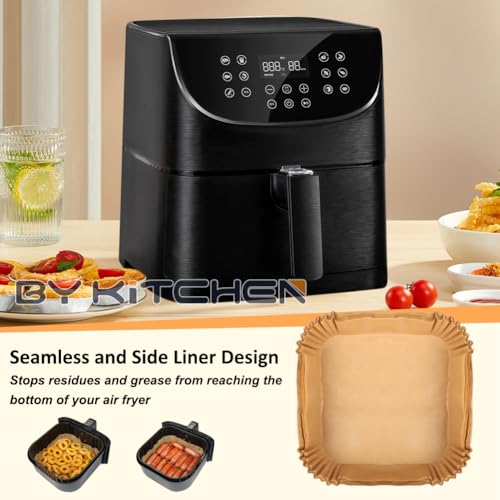 Image of BYKITCHEN 100pcs Air Fryer Parchment Paper Liner, Square Air Fryer Liners Disposable, Greaseproof Paper for Air Fryer, Compatible with COSORI, Ninja Double Stack SL300UK, Tower (Unbleached)