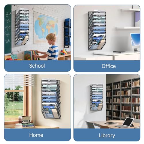 10 Tier Wall File Organizer Office Hanging Mail Holder Wall Mounted, Mesh Paper Document Organizer for Office Home School, Black