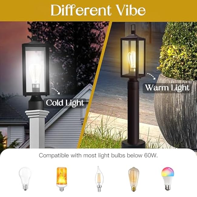 Outdoor Lamp Post Light Fixture, 17 Inch Post Lantern Light for Exterior Gate Post, Steel and Glass Post Sconce for Residential Sidewalk Lamp Post Outdoor Lighting Post Lamps, E26 Bulb Base