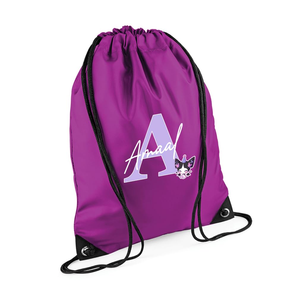 Personalised Initial & Name – Cute Cartoon Character Design – Custom Gift for Kids, Teens & Friends, PE Gym Kit Swimming, Sport Rucksack. (Magenta)