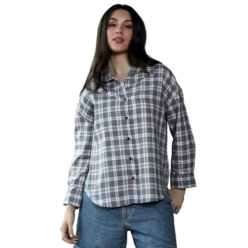 pinacolada Women's Oversized Shirt | Spread Collar, Long Button-Cuff Sleeves, Button Closure | Checks Twill Woven Shirt For Casual & Daily Wear | Steel Grey-picture-15