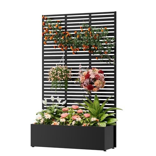 COFaR 71 Tall Metal Planter Box with Trellis & Privacy Screen Steel Raised Garden Bed with Drainage Holes & Adjustable Feet Outdoor Planter for Climbing Plants Patio Deck Balcony (Slatted)