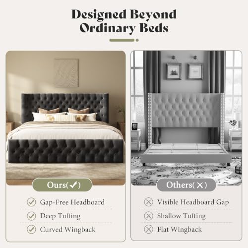 Image of AMERLIFE King Upholstered Bed with Headboard, Wingback, Black Velvet