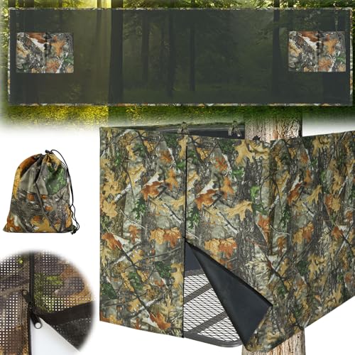 See Through Hunting Tree Stand Blind Skirt, 2 Man Four-Sided Treestand Camo Blind Cover Ladder Stand Blind Kit Visible Camouflage Blinds with Zipper Pocket Storage Bag for Deer Hunting (142