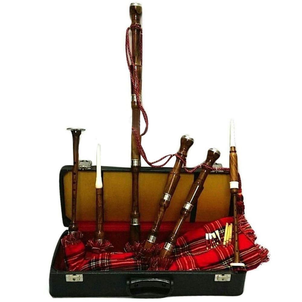 Great Highland Dudelsack in voller Größe mit Royal Stewart Tartan-Abdeckung und kostenlosem Zubehör – braune Oberfläche, ideal für Anfänger