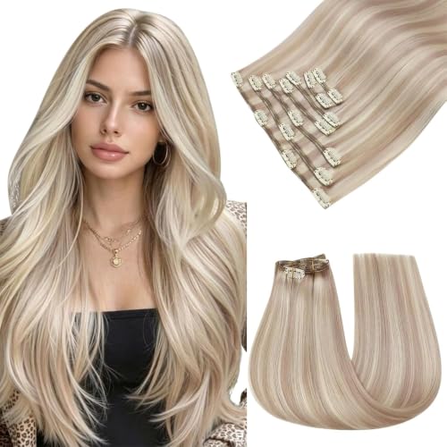 Image of Easyouth Clip in Hair Extensions Real Human Hair Blonde, 20 Inch 7pcs 120g | Clip in Human Hair Extensions Highlight, Ash Blonde with Bleach Blonde Highlight, for Girls, for Photoshoots, Double Weft