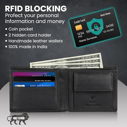 Image of TDG AirTag Leather Wallet for Men with Coin Pocket (Airtag Not Included) | RFID Smart Bifold 12+ Cards | Top Grain | Gift Ready | Handmade in India (Black Bifold)