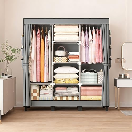 Image of Portable closet, bedroom armoire, clothes storage box, simple hanging clothes wardrobe, suitable for bedrooms, dormitories and rented houses. 51 inch W*17.7 inch D*67.7 inch H (Grey)