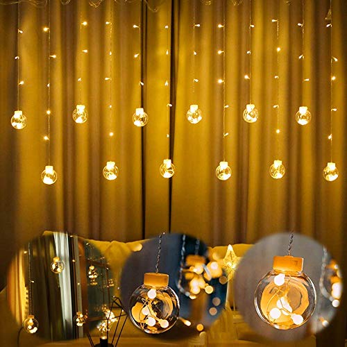 Image of 12 Ball Wish Ball Curtain LED Diwali Lights 3 Meter String Lights Window Curtain Led Lights for Decoration with 8 Flashing Mode for Festival Home (6+6 Light, Warm White)