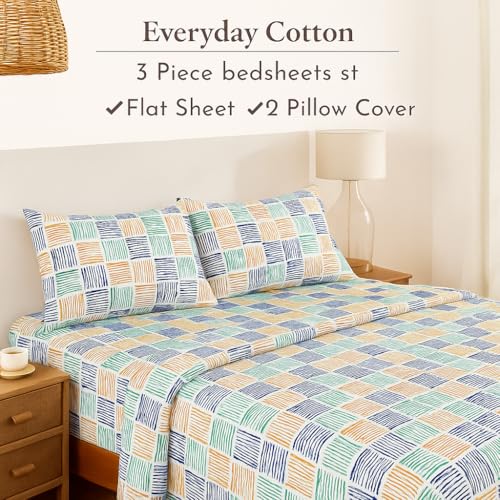 Image of 100% Cotton Bedsheet for Double Bed, 144 TC | Flat Sheet with 2 Pillow Covers | Soft & Breathable Brush Art Print - Blue Chadar Set